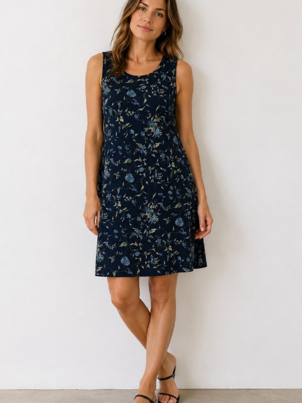 Vintage Old Navy Y2K Dress Women 10 Navy Floral Shift Rayon Sleeveless Cottage